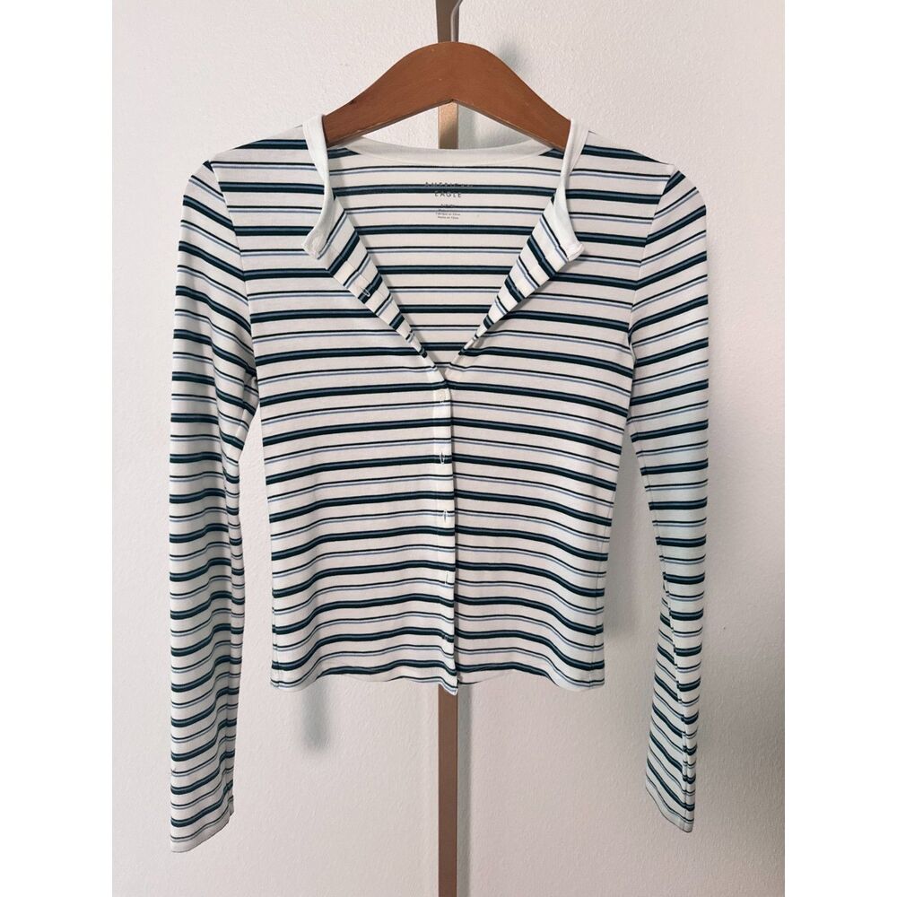 Classic Slim Button Up Cardigan Stripe Blue Green Size Small